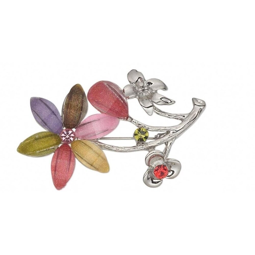 Vintage Czech Crystal Multicolor Resin Flower Silver Plated Brooch Sweater Pin